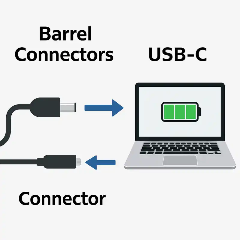 Comparison illustration of laptop charger connectors, showing an older barrel-style charger on the left and a modern USB-C charger on the right, highlighting the differences in plug types.