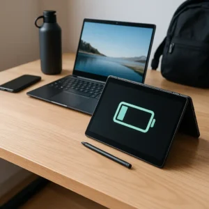 Modern workspace with two 2-in-1 laptops, one showing a low battery icon, placed on a wooden desk alongside a stylus, smartphone, water bottle, and backpack.