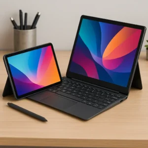 A 2-in-1 laptop and a tablet displayed side by side on a wooden desk with a stylus, showing colorful abstract screens in a modern workspace.