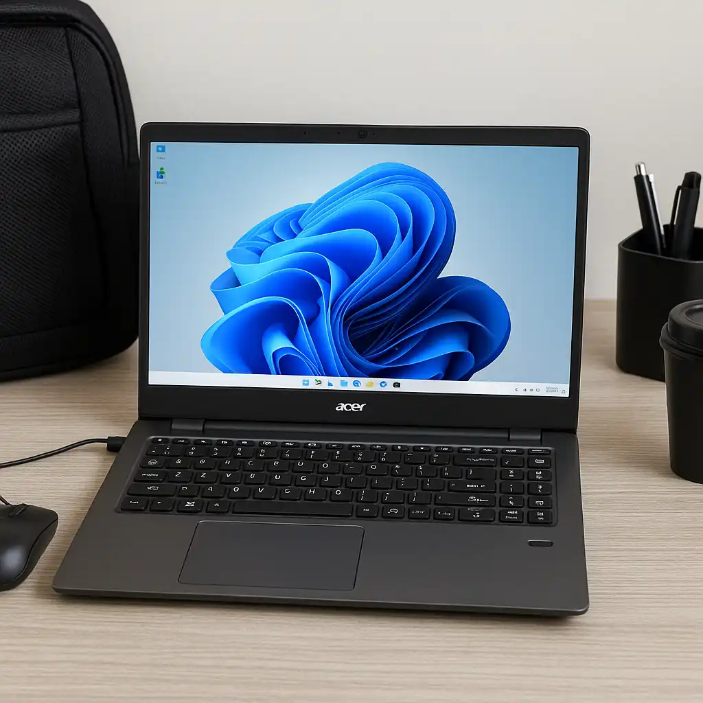 Acer Aspire Premium Slim Laptop on a desk with Windows 11 home screen, backpack, mouse, and study accessories.
