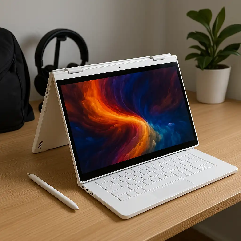 A white convertible Acer ConceptD 3 Ezel laptop in tent mode on a desk with digital pen, headphones, backpack, lamp, and plant.
