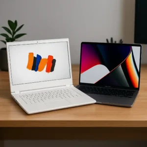 Two premium laptops side by side on a wooden desk, featuring an Acer ConceptD 7 with a white body and a MacBook Pro with a vibrant Retina display.