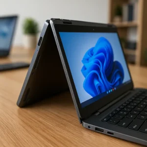 Close-up of a 2-in-1 convertible laptop in tent mode on a desk, highlighting its sturdy metal hinge with a blurred workspace background.