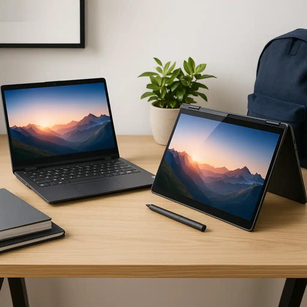 Lenovo Yoga 2-in-1 laptops on a wooden desk in tablet and laptop modes, with stylus, backpack, and potted plant in a home office.