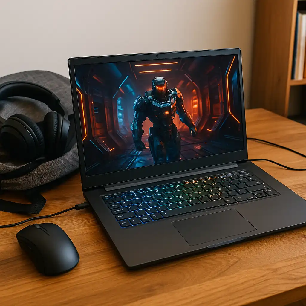 A gaming laptop with an RGB keyboard on a wooden desk, running a sci-fi game, with headphones, a mouse, and a gray backpack in a student study setup.