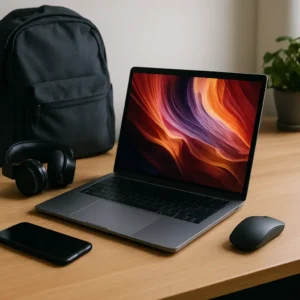 A premium laptop with a vivid display sits on a wooden desk beside headphones, a smartphone, a wireless mouse, and a gray backpack.