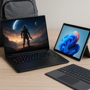 Two 2-in-1 laptops side by side on a wooden desk, one set up for gaming with a sci-fi display and the other for productivity with a detachable keyboard.