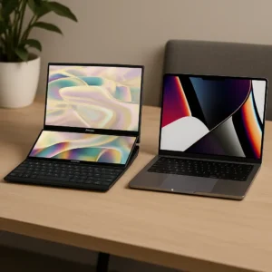 ASUS Zenbook Duo UX8406 with dual OLED displays side by side with Apple MacBook Pro M4 on a wooden desk in a modern workspace.