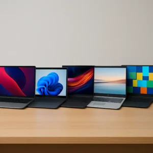 Lineup of five premium laptops with sleek designs and thin bezels displayed on a wooden desk, showcasing different vibrant screens in a clean, modern setup.