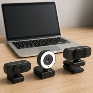 A modern desk setup with a laptop and three external webcams displayed side by side, including a slim model, a webcam with a ring light, and a premium compact webcam.