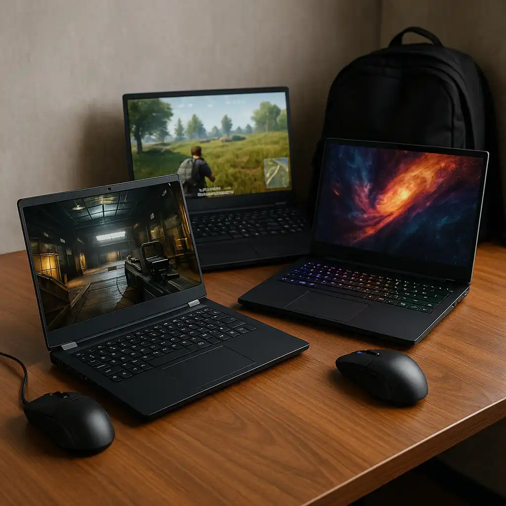 A modern student workspace with three gaming laptops on a wooden desk, each displaying different visuals, with a backpack and gaming mice nearby.