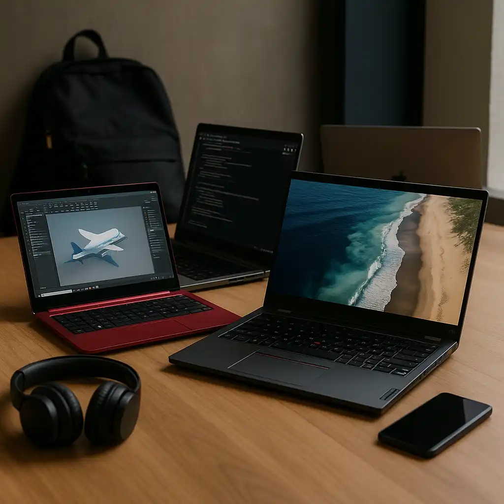 A setup with three laptops on a wooden desk: one showing an airplane CAD model, one displaying code, and one with a 4K coastline image, alongside headphones and a smartphone, ideal for aerospace engineering students.