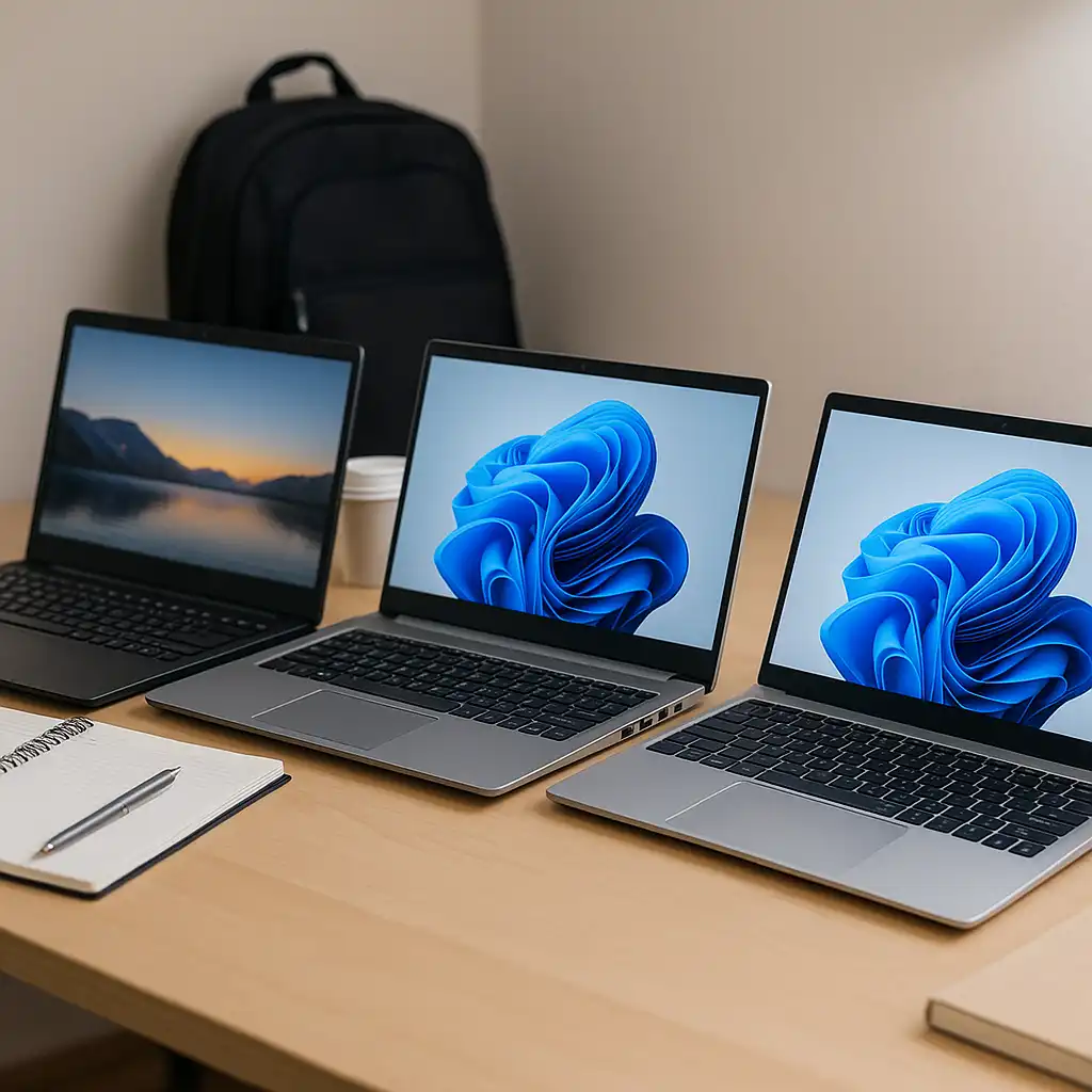 A study desk with three laptops side by side, with notebooks, a coffee cup, and a backpack, representing budget, mid-range, and premium options for college students.