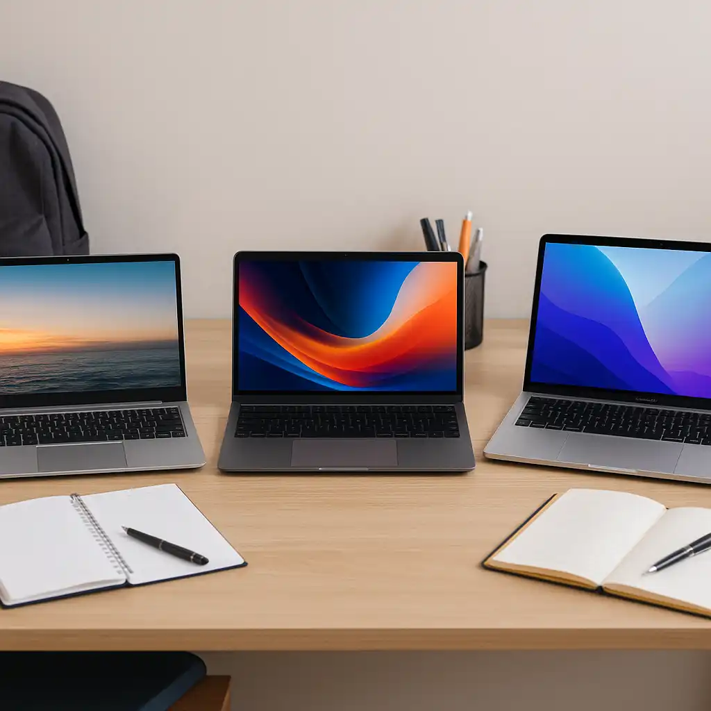 Three laptops on a student desk setup, representing budget, mid-range, and premium options for high school students.