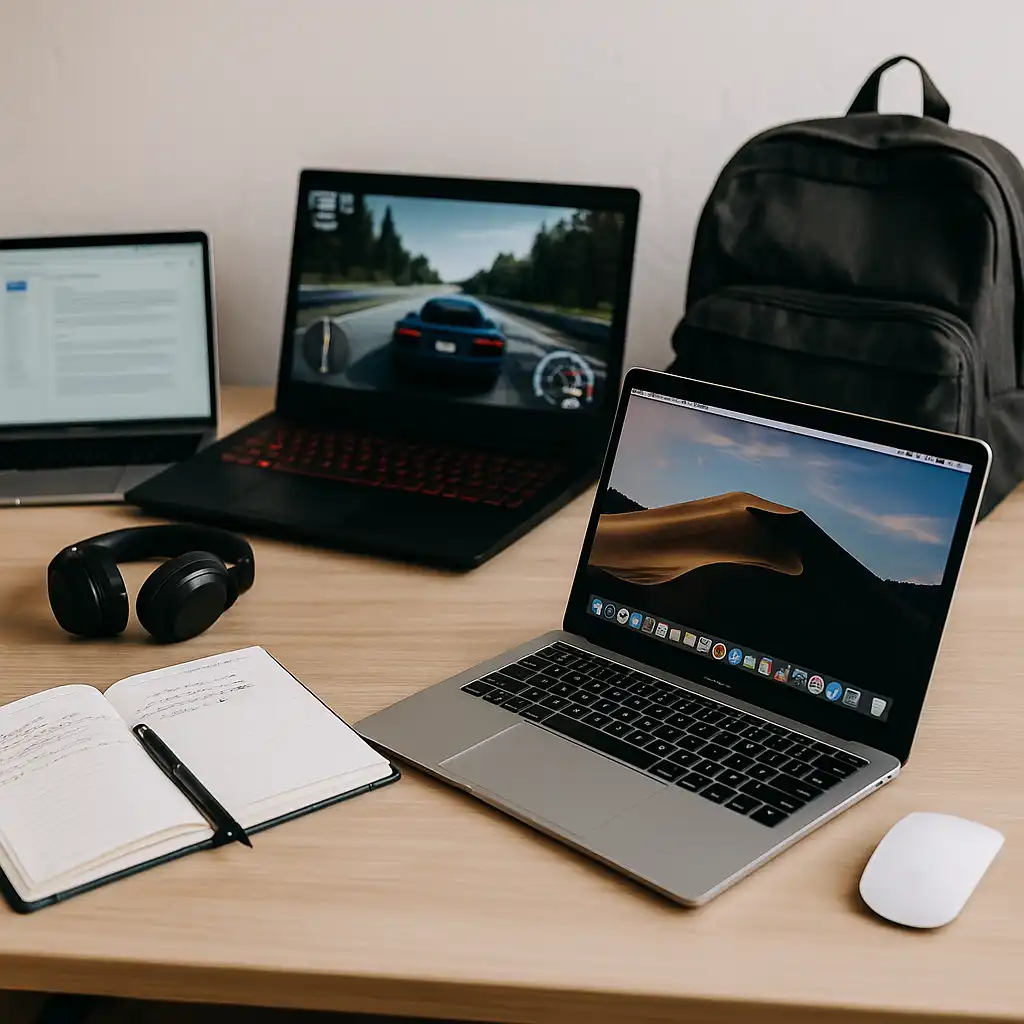 A modern student workspace with three laptops on a wooden desk, including a MacBook, a gaming laptop showing a racing game, and a smaller notebook laptop, alongside a backpack, notebook, and headphones.