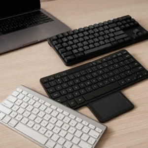 Three portable laptop keyboards placed on a light wooden desk: a slim silver wireless keyboard, a foldable black Bluetooth keyboard with touchpad, and a compact mechanical keyboard near a laptop.