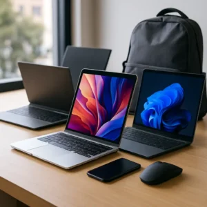 A modern workspace with three premium laptops on a wooden desk, featuring vibrant displays, a smartphone, mouse, and gray backpack by the window.