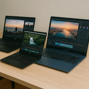 Three budget laptops on a wooden desk displaying video editing software with nature and cityscape footage, representing affordable video editing setups.