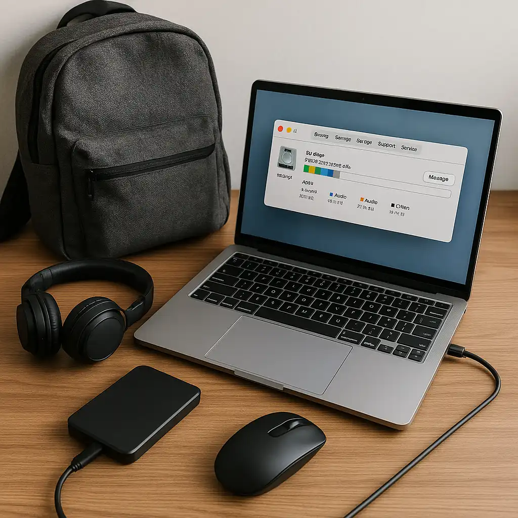 A student workspace with a laptop showing storage details, headphones, an external hard drive, a mouse, and a gray backpack on a wooden desk.
