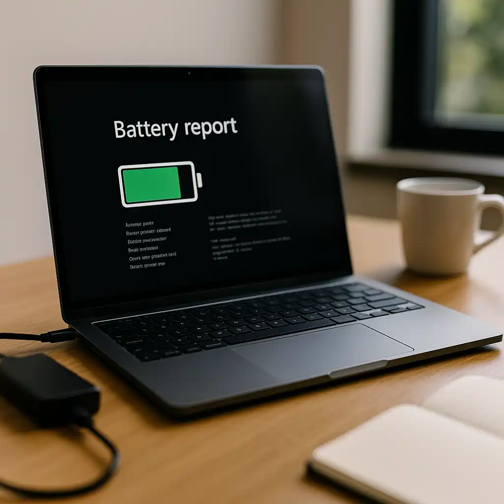 A modern laptop on a wooden desk displaying a battery health report, with a charger, coffee mug, and notebook nearby.