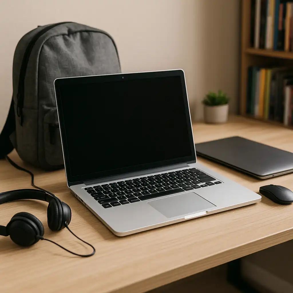 A silver laptop on a wooden desk with a gray backpack, headphones, and a wireless mouse, creating a realistic student workspace setup.