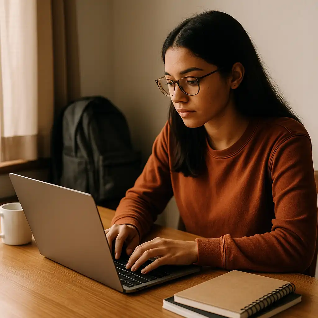 A college student working on a laptop at a dorm desk with a notebook, coffee mug, and backpack nearby.