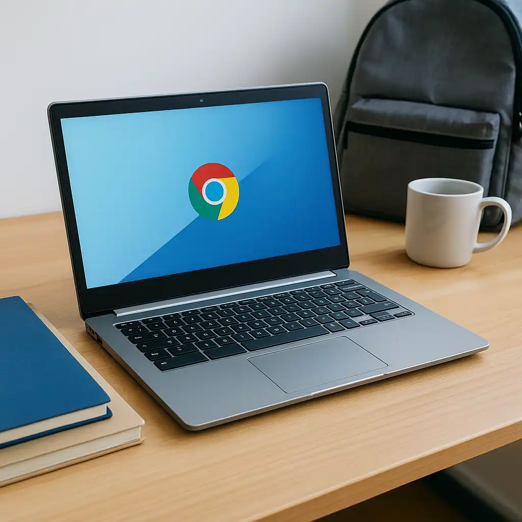 A Chromebook on a student desk with notebooks, a coffee mug, and a backpack, showing a simple school setup.
