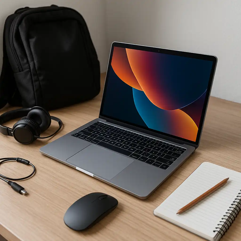 A modern student workspace with a sleek laptop on a wooden desk, surrounded by a notebook, pencil, wireless mouse, headphones, and a backpack.