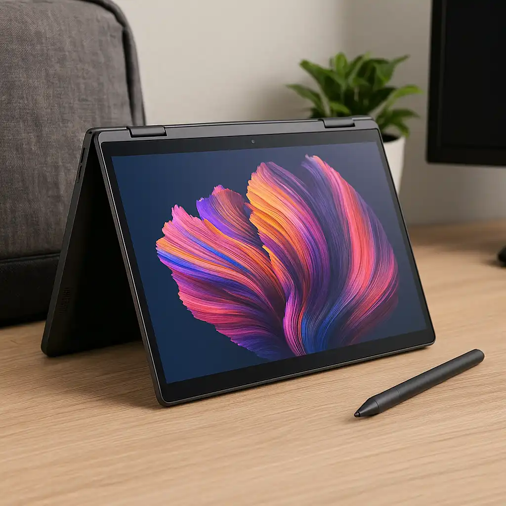 Lenovo Yoga 7i 14-inch 2-in-1 laptop in tent mode on a wooden desk with OLED display, stylus pen, and backpack in background.