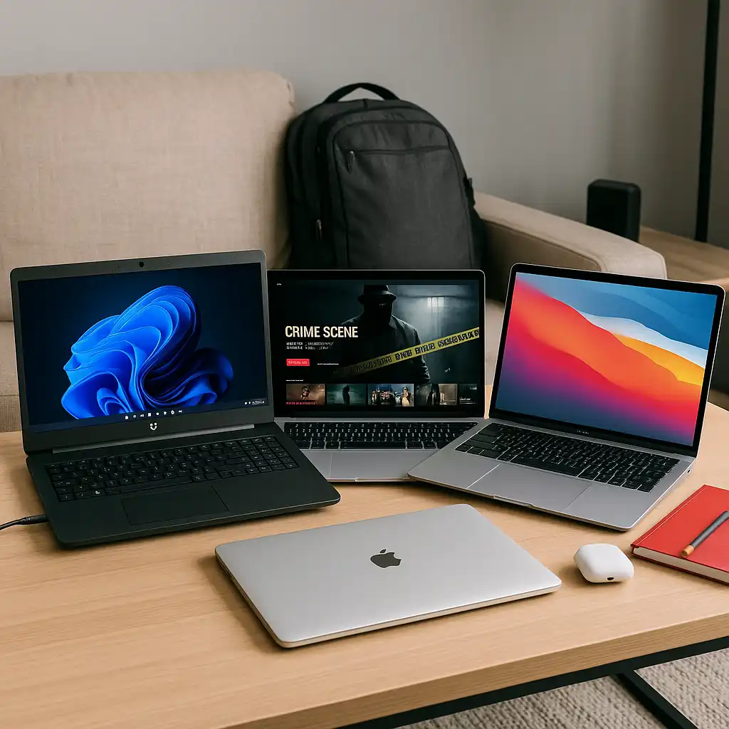 A study desk with three laptops—HP 255 G10, HP Pavilion 15, and MacBook Air 2025—arranged with student accessories.