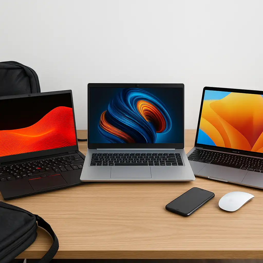 Three laptops on a wooden desk: Lenovo ThinkPad E16 Gen 2, HP ZBook Firefly 14 G10, and Apple MacBook Air 15 M4, arranged side by side in a modern student workspace.