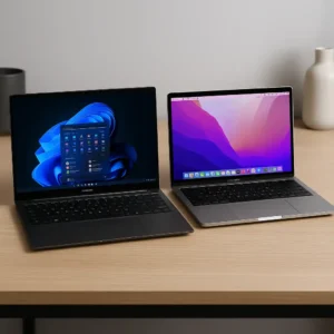 Samsung Galaxy Book 4 Ultra and Apple MacBook Pro 14-inch side by side on a desk, showing Windows and macOS laptops for premium 2025 comparison.