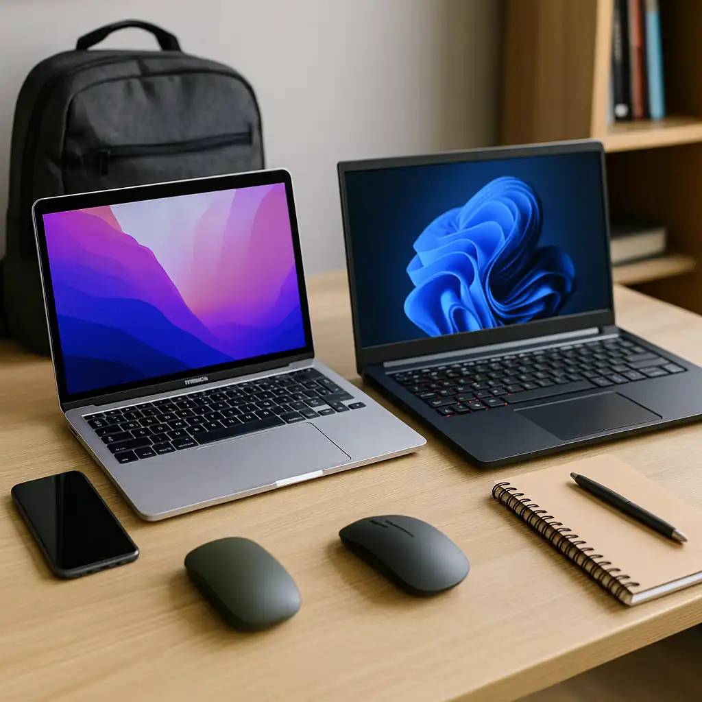 A MacBook and a Windows laptop side by side on a wooden desk with a backpack, smartphone, wireless mice, and notebook, creating a realistic student study setup.
