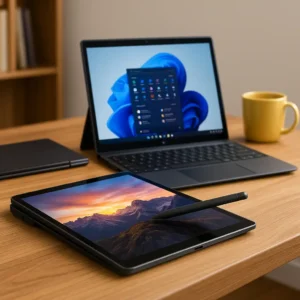 A modern 2-in-1 laptop in tablet mode with a stylus on the screen, placed on a wooden desk beside another laptop in standard mode, a notebook, and a yellow mug.