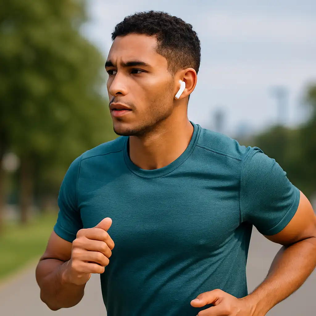 A runner wearing Apple AirPods Pro 2 jogging outdoors, showing a secure fit and comfort for running.