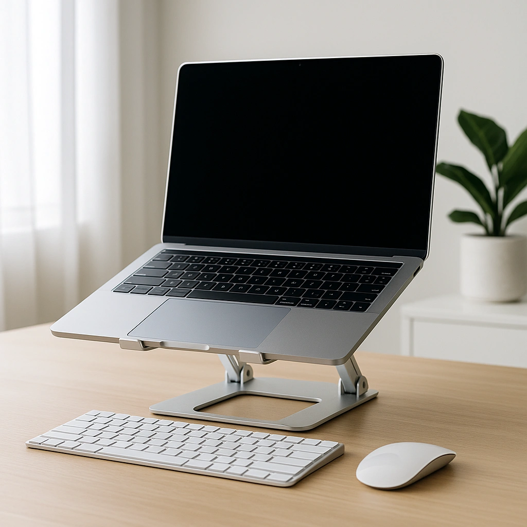 A modern workspace with a laptop on an adjustable aluminum stand, paired with a wireless keyboard and mouse on a wooden desk.