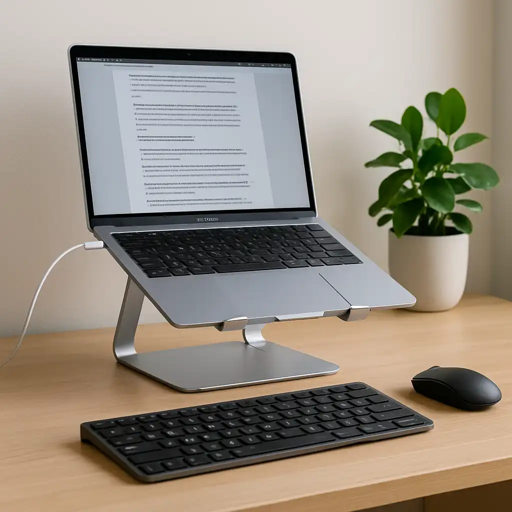 A minimalist home workspace showing a laptop on a silver stand with a wireless keyboard, mouse, and a small green plant on a wooden desk.