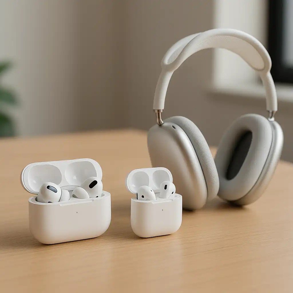 Three Apple AirPods models — Pro 2, 4, and Max — displayed on a clean desk under soft lighting.