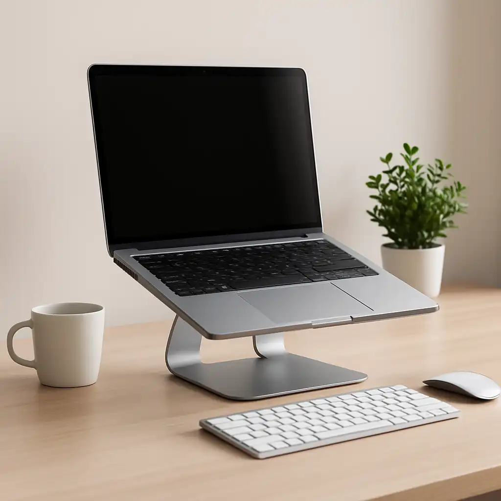 A modern home office workspace featuring a laptop on an ergonomic aluminum stand with a keyboard, mouse, coffee mug, and small plant on a wooden desk.