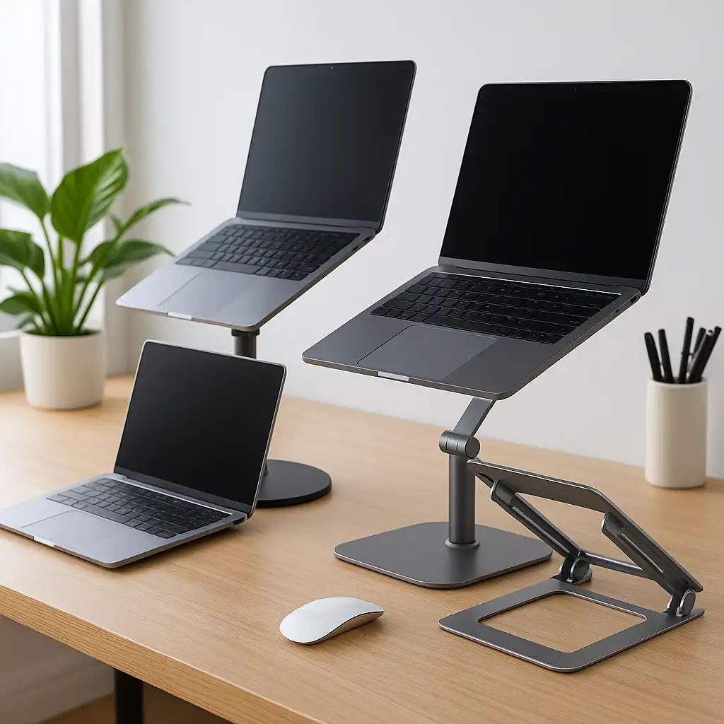 Three ergonomic laptop stands at different heights on a wooden desk, showing fixed, telescopic, and foldable designs in a bright, modern workspace.
