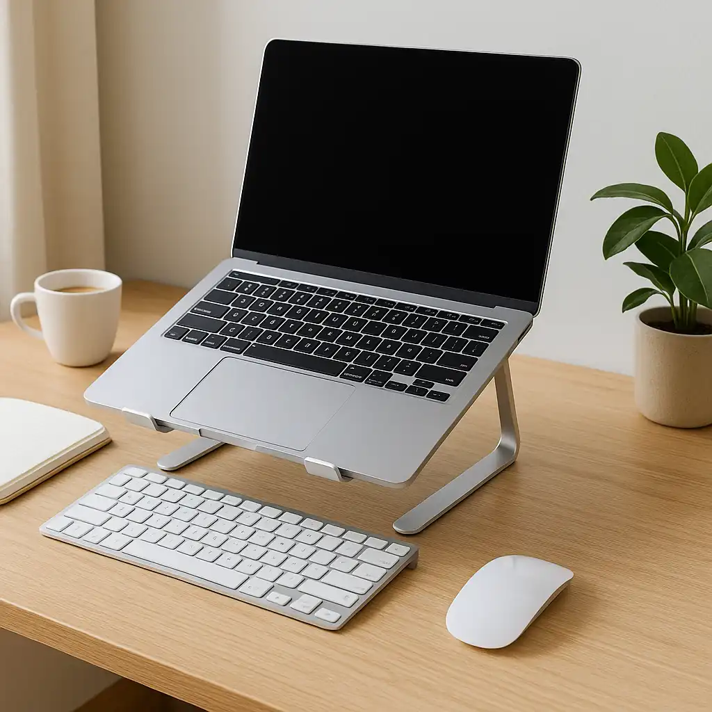 A minimalist desk setup with a laptop on an aluminum stand, paired with an external keyboard, mouse, coffee cup, and small plant under soft natural light.