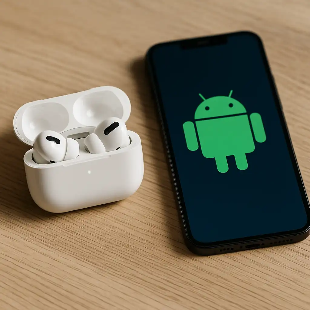 Apple AirPods Pro 2 charging case open beside an Android smartphone showing the Android logo on a wooden desk.