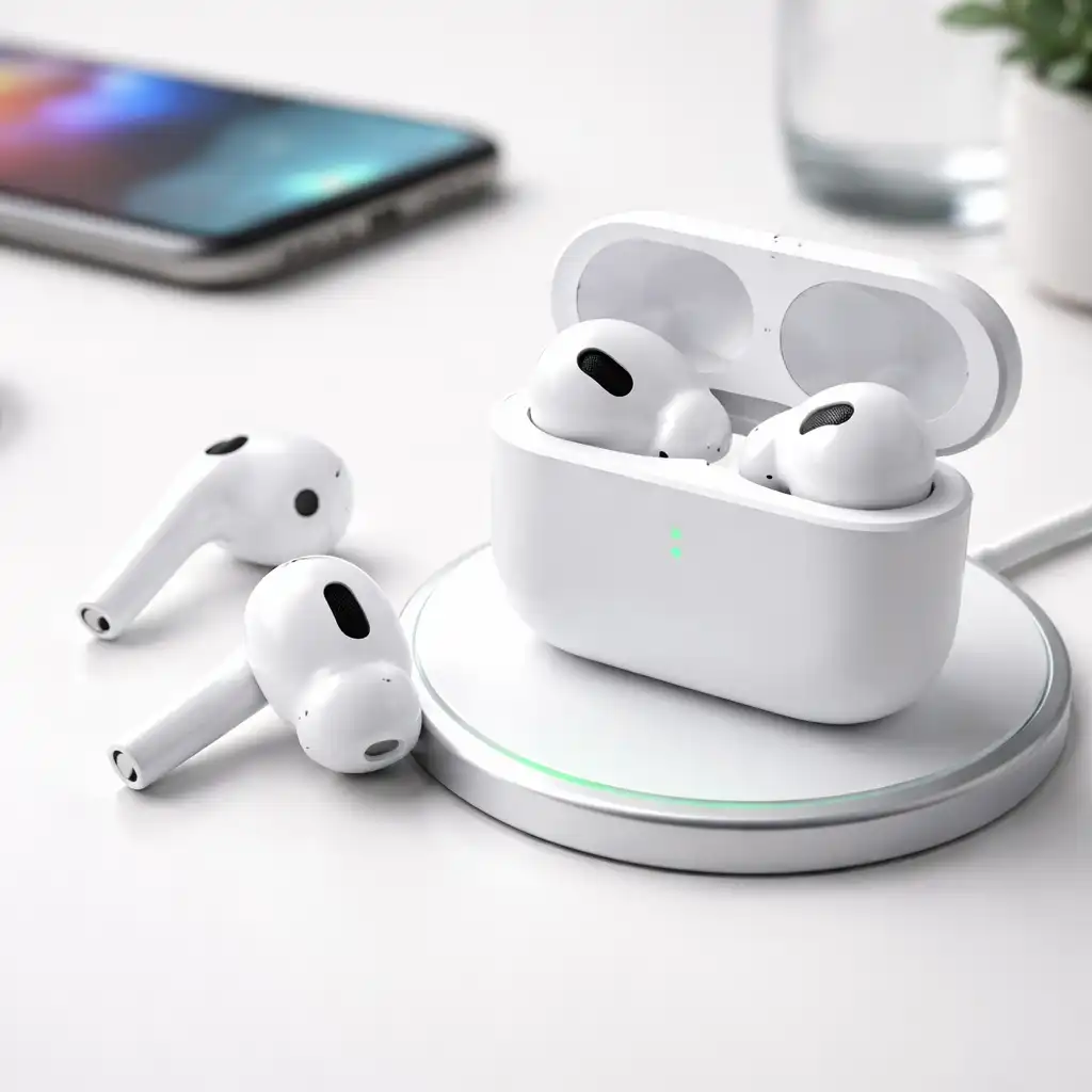 Apple AirPods Pro earbuds in open MagSafe charging case placed on a wireless charging pad.