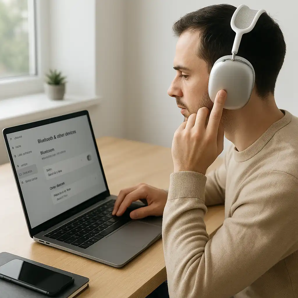 A person connecting AirPods Pro Max to a laptop using Bluetooth in a bright modern workspace.