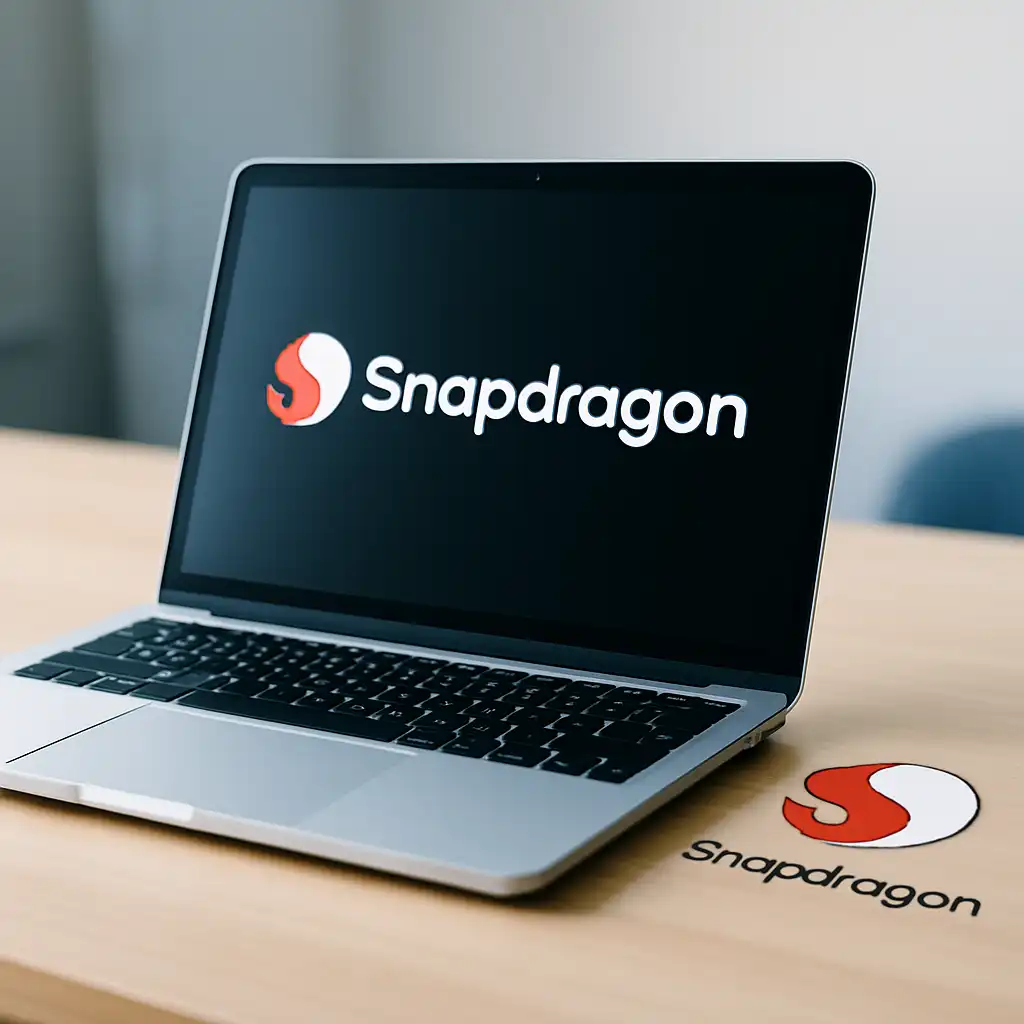 A sleek, modern laptop with the Snapdragon logo displayed on its screen, placed on a wooden desk in a bright, minimalist workspace.