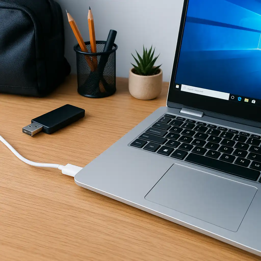A laptop plugged in for charging on a wooden desk with small tools and accessories nearby, representing laptop charging port repair in a modern workspace.