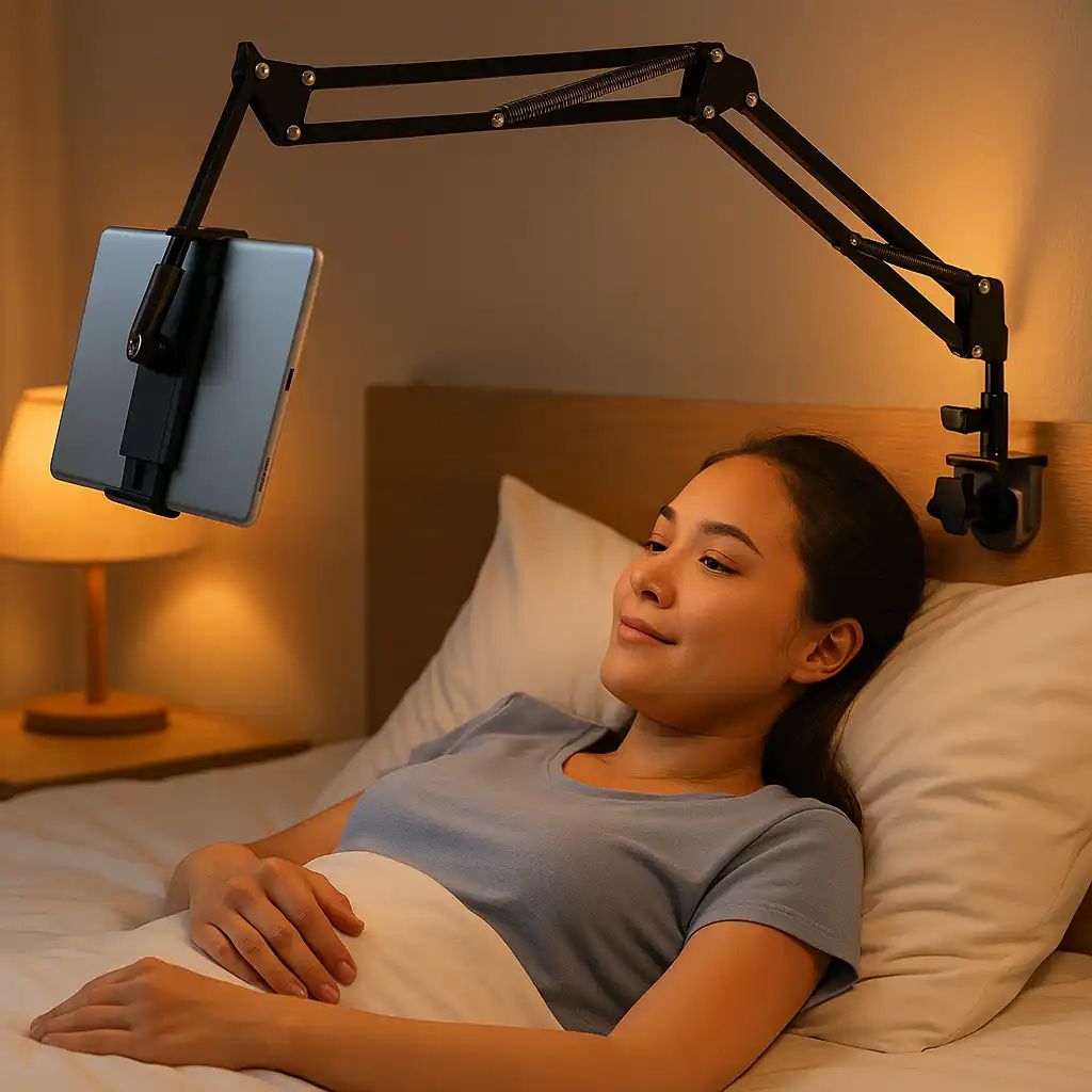 A person lying comfortably in bed using an upside-down laptop stand clamped to the bed frame, holding a tablet above for hands-free viewing.