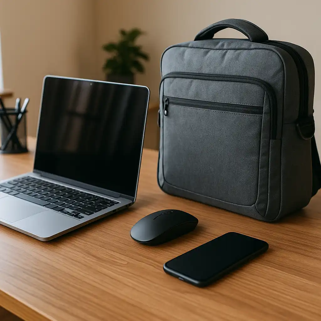A premium laptop sits open on a wooden desk beside a gray laptop bag, with a wireless mouse and smartphone placed neatly in front, creating a clean and modern workspace setup.