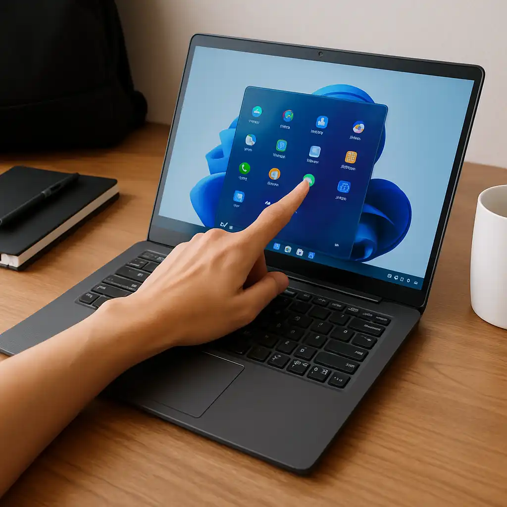 Modern touchscreen laptop on a wooden desk with a hand tapping the display, showing app icons and everyday use, representing touchscreen laptop durability.
