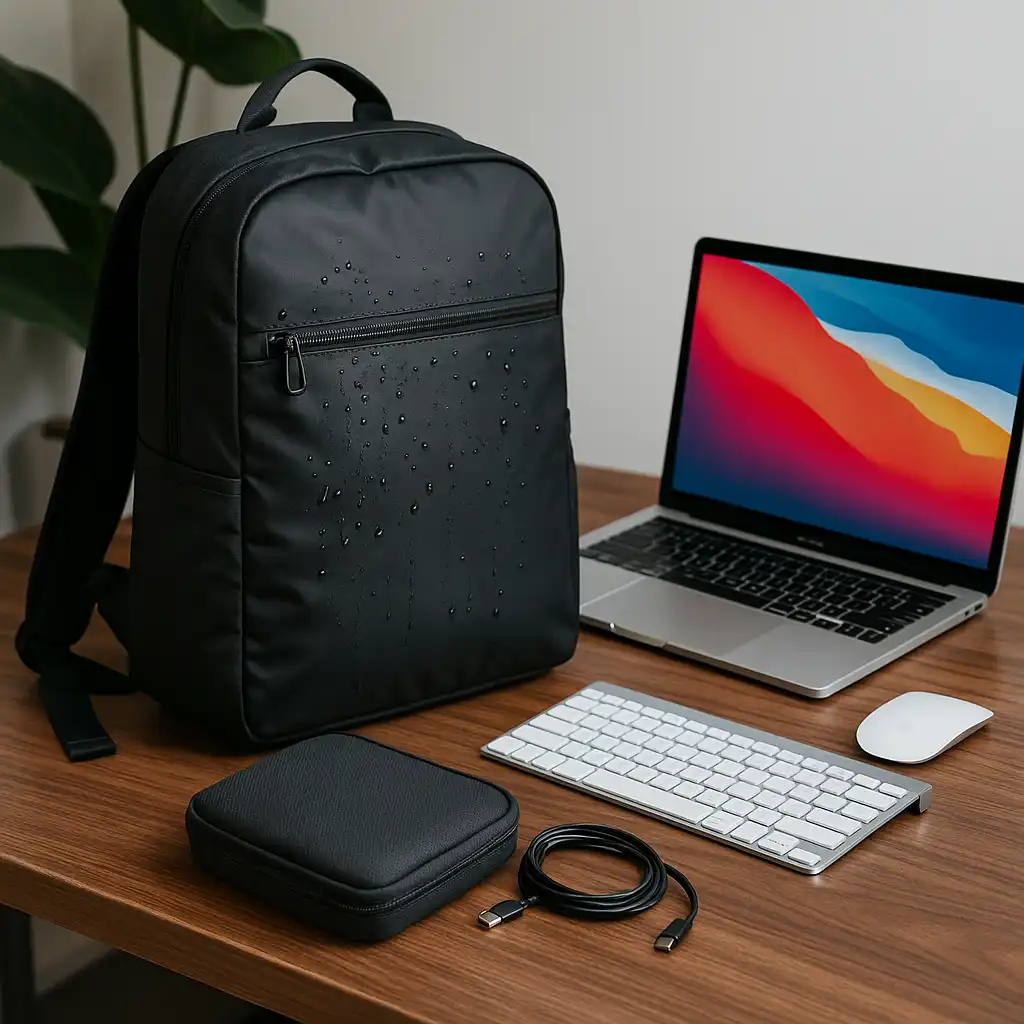 A laptop sits on a wooden desk next to a waterproof laptop bag with sealed zippers and coated fabric, showing weather-safe protection for daily use.